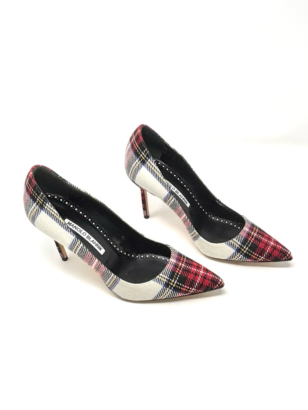Manolo Blahnik Tartan Plaid BB Pointed-Toe Wool Heels Pumps 37